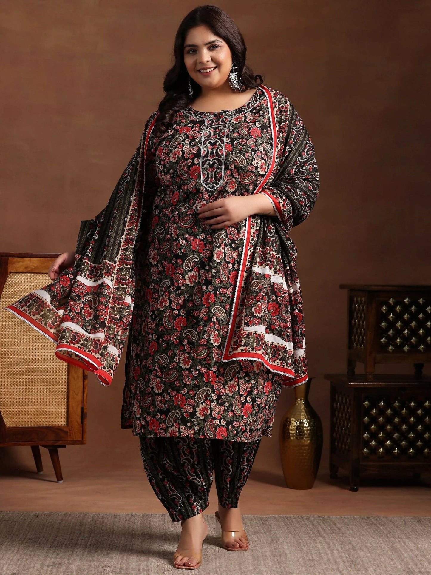 Women's LB Plus Size Black Printed Cotton Straight Suit With Dupatta