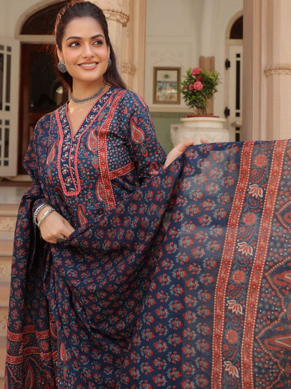Dhiyona RR Women's Ethnic Motifs Printed Pleated Pure Cotton Kurta with Trousers & With Dupatta