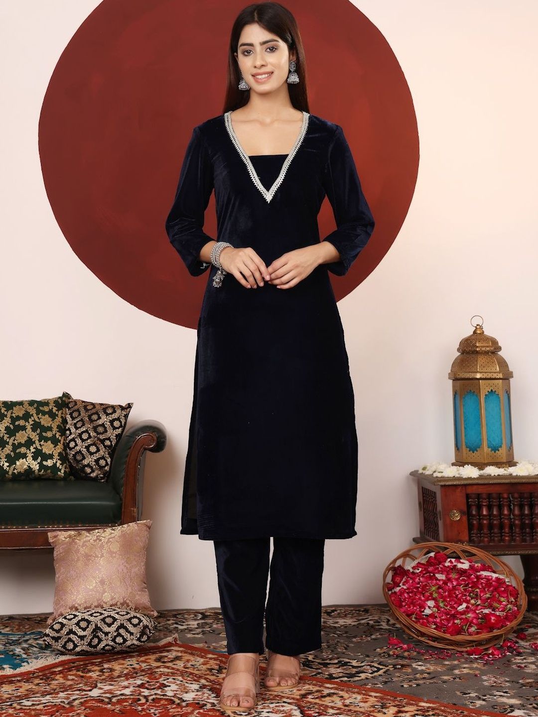 Navy Blue Women Regular Gotta Patti Velvet Kurta with Trousers