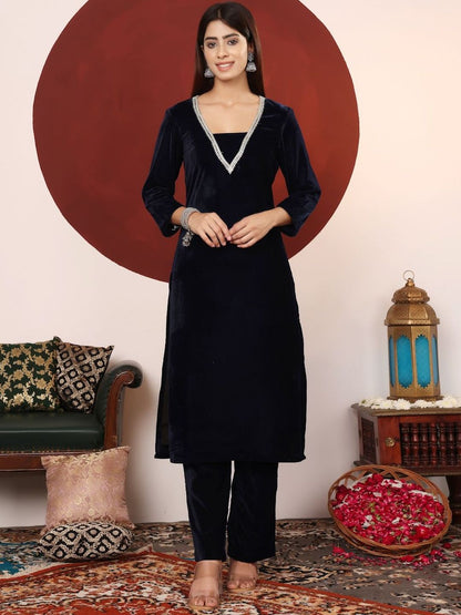 Navy Blue Women Regular Gotta Patti Velvet Kurta with Trousers