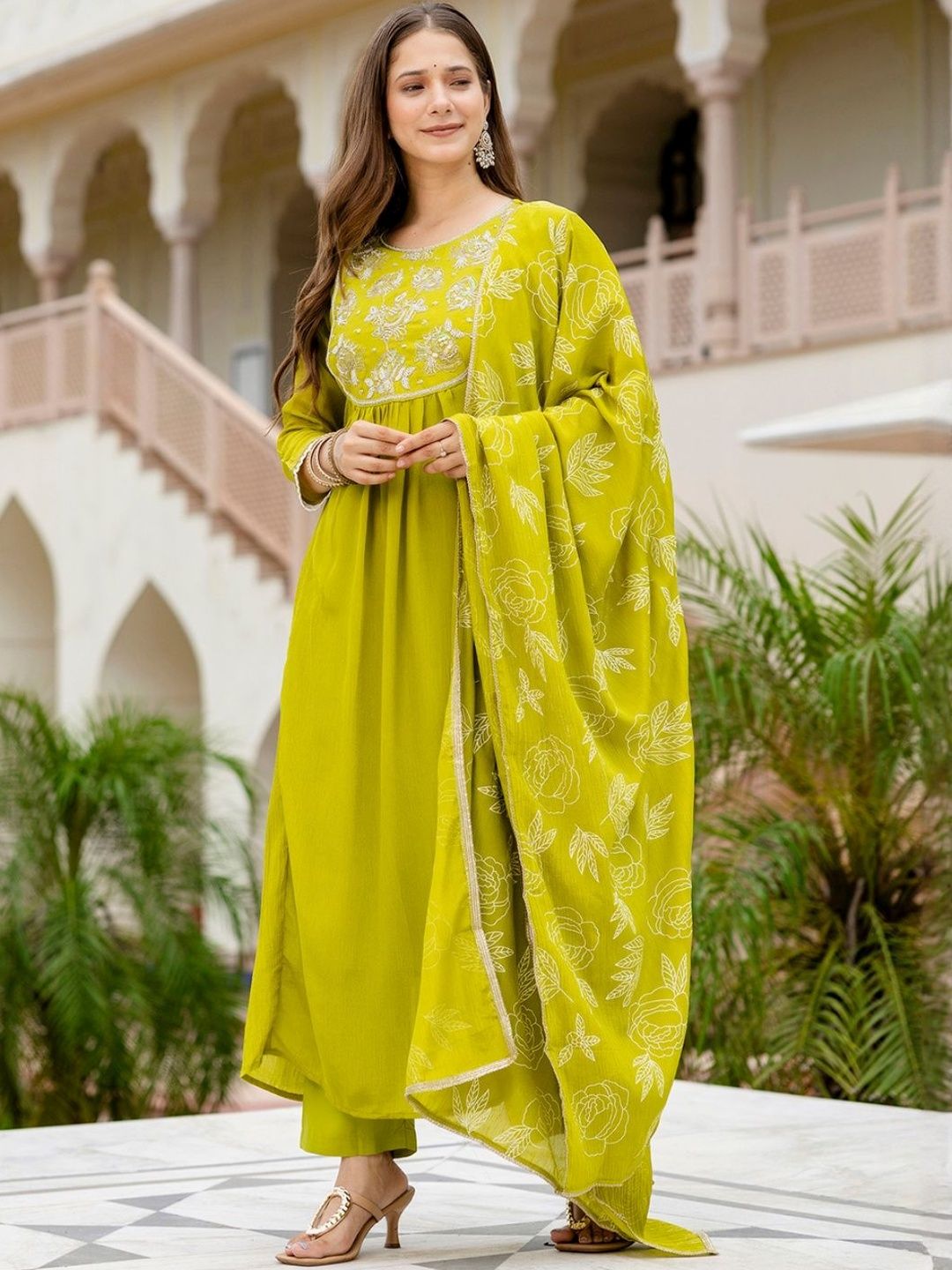 Dhiyona KL Floral Embroidered Empire Sequinned A-Line Kurta With Trousers & Dupatta