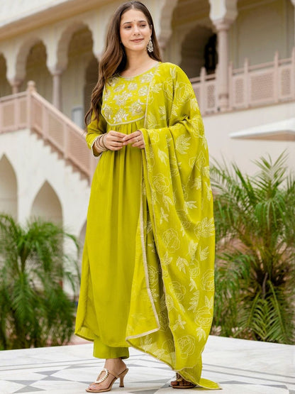 Dhiyona KL Floral Embroidered Empire Sequinned A-Line Kurta With Trousers & Dupatta