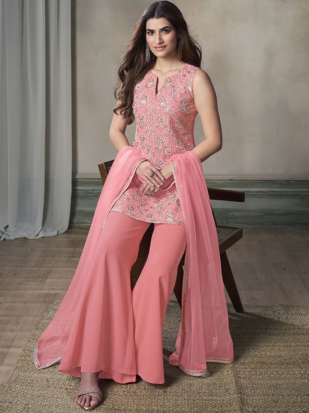 Dhiyona IN Paisley Embroidered Notch Neck Georgette Straight Kurta & Sharara with Dupatta