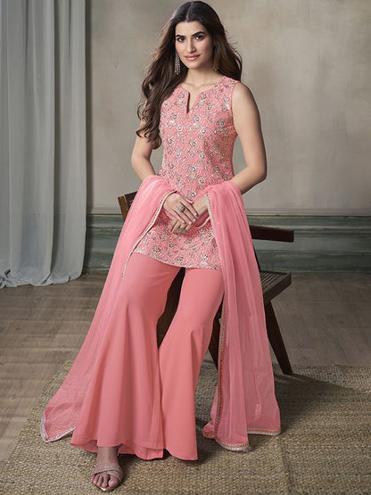 Dhiyona IN Paisley Embroidered Notch Neck Georgette Straight Kurta & Sharara with Dupatta