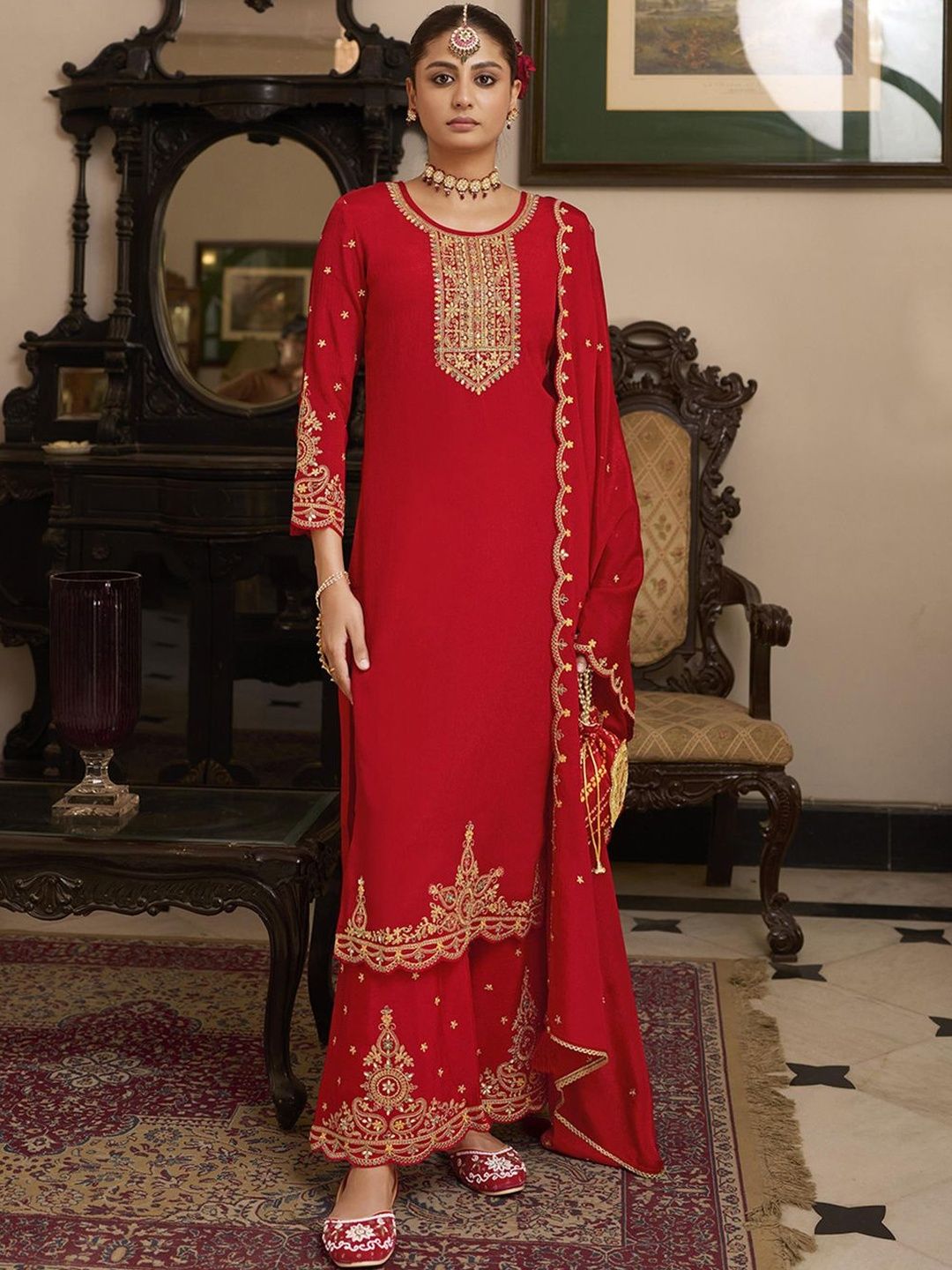 Dhiyona CH Women Ethnic Motifs Embroidered Regular Thread Work Kurta with Palazzos & With Dupatta