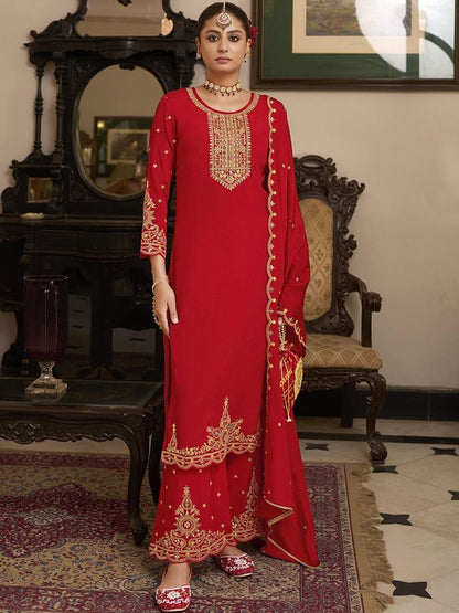 Dhiyona CH Women Ethnic Motifs Embroidered Regular Thread Work Kurta with Palazzos & With Dupatta
