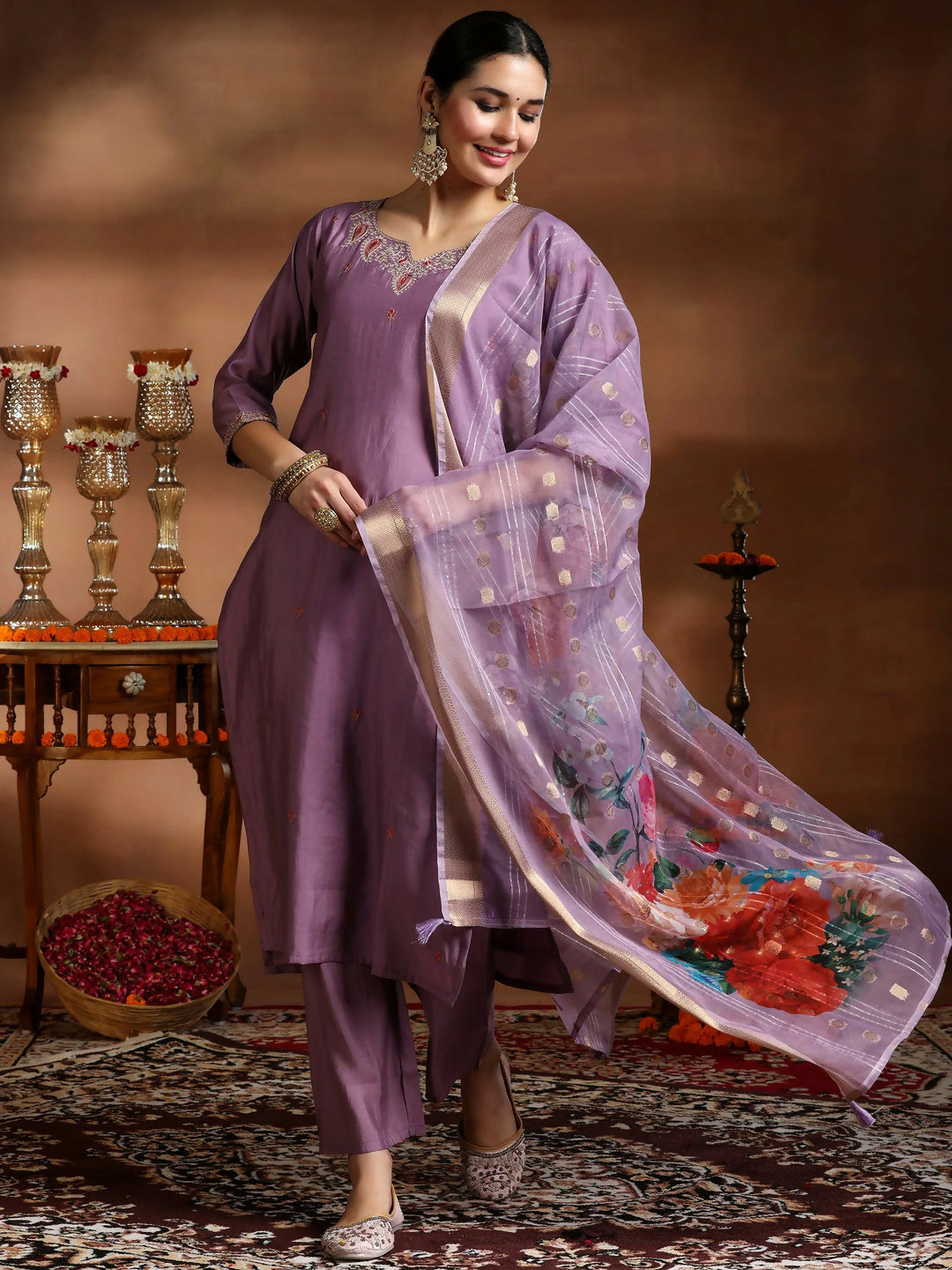 Women's LB Mauve Embroidered Silk Blend Straight Suit With Dupatta