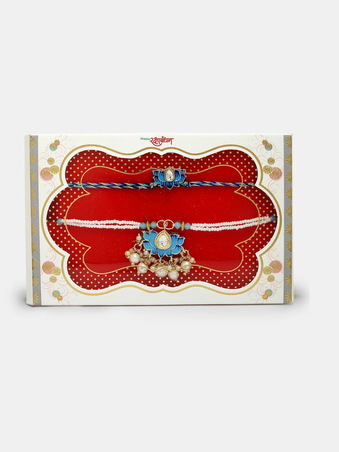 Dhiyona Unisex Set Of 2 Blue Lotus Shape Kundan-Studded & Beaded Wraparound Rakhi Set