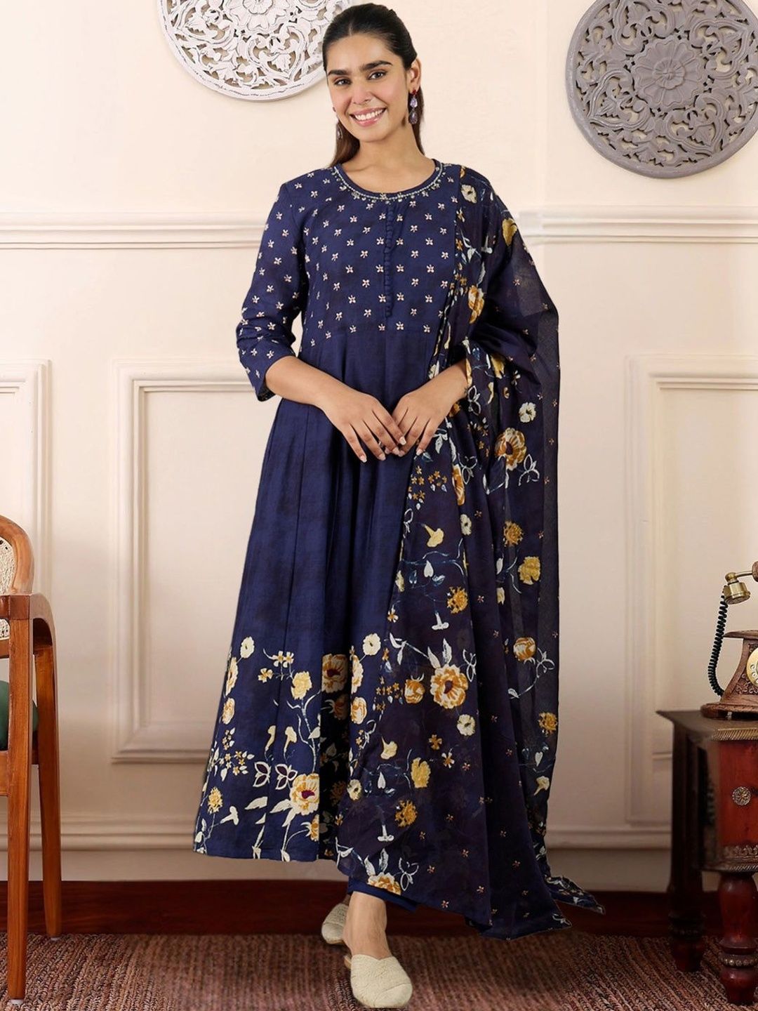 Dhiyona IE Women Floral Printed Panelled Thread Work Pure Cotton Kurta with Trousers & With Dupatta