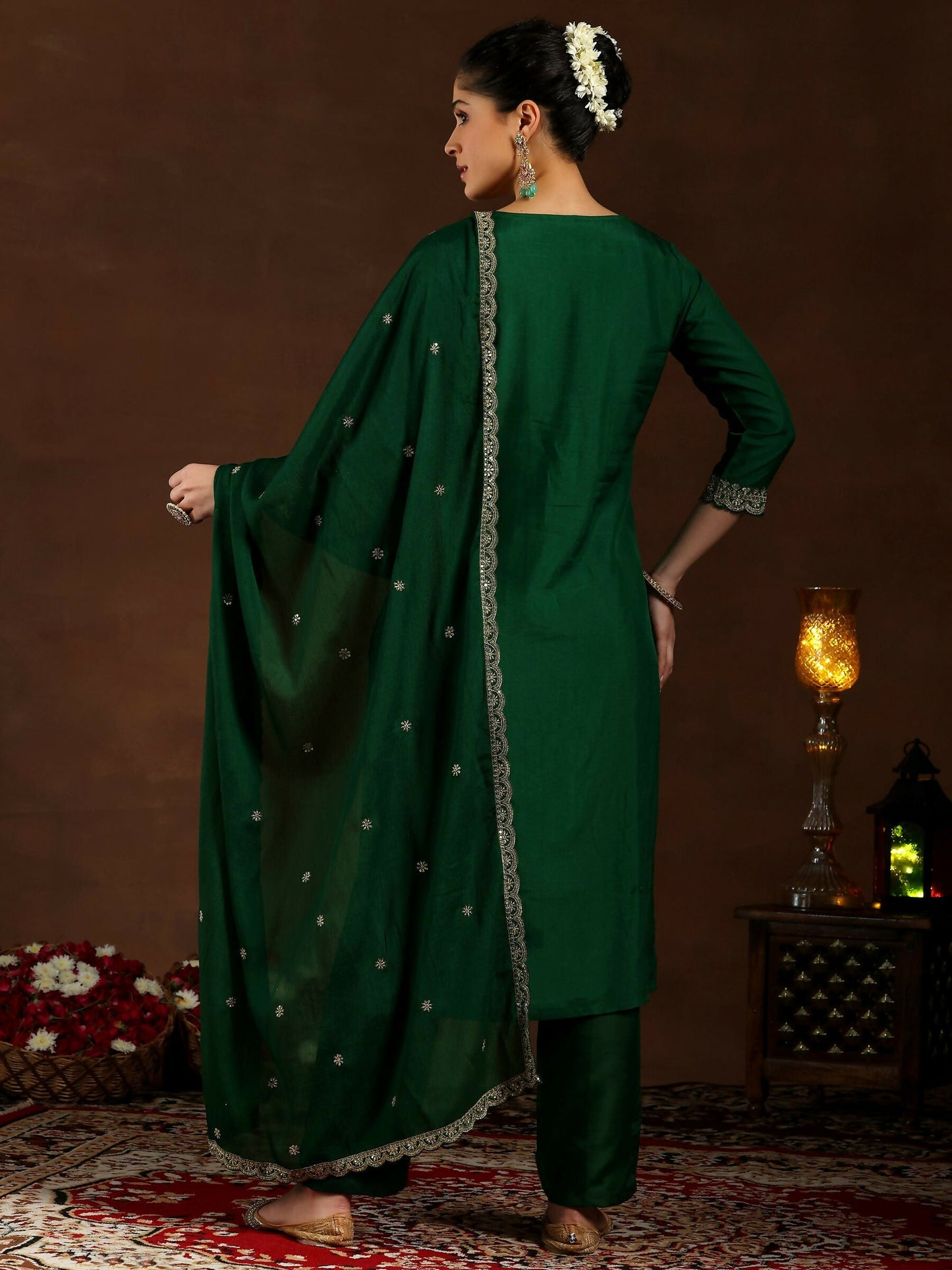 Women's LB Green Woven Design Silk Blend Straight Suit With Dupatta