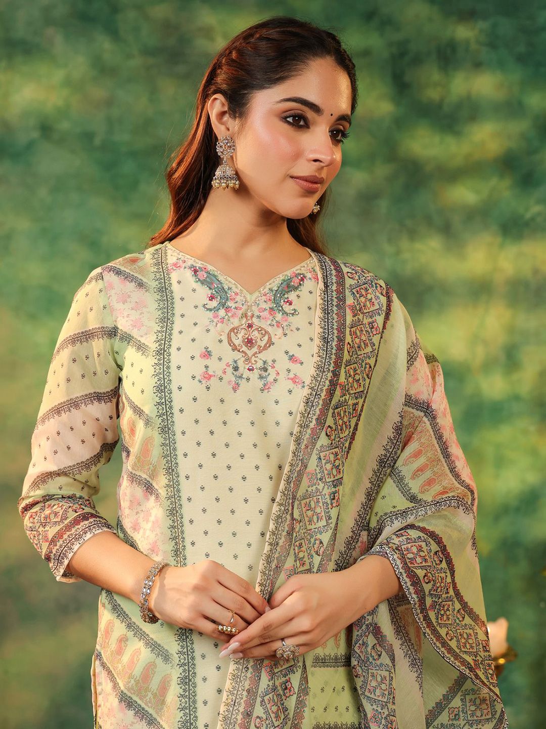 Dhiyona RR Women's Ethnic Motifs Printed Sequinned Straight Kurta With Trouser & Dupatta