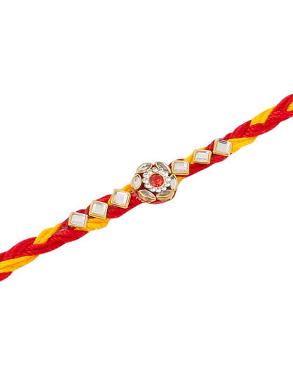Dhiyona Men Set Of 3 Red & Yellow Kundan Studded Floral Design Thread Rakhi With Roli Chawal