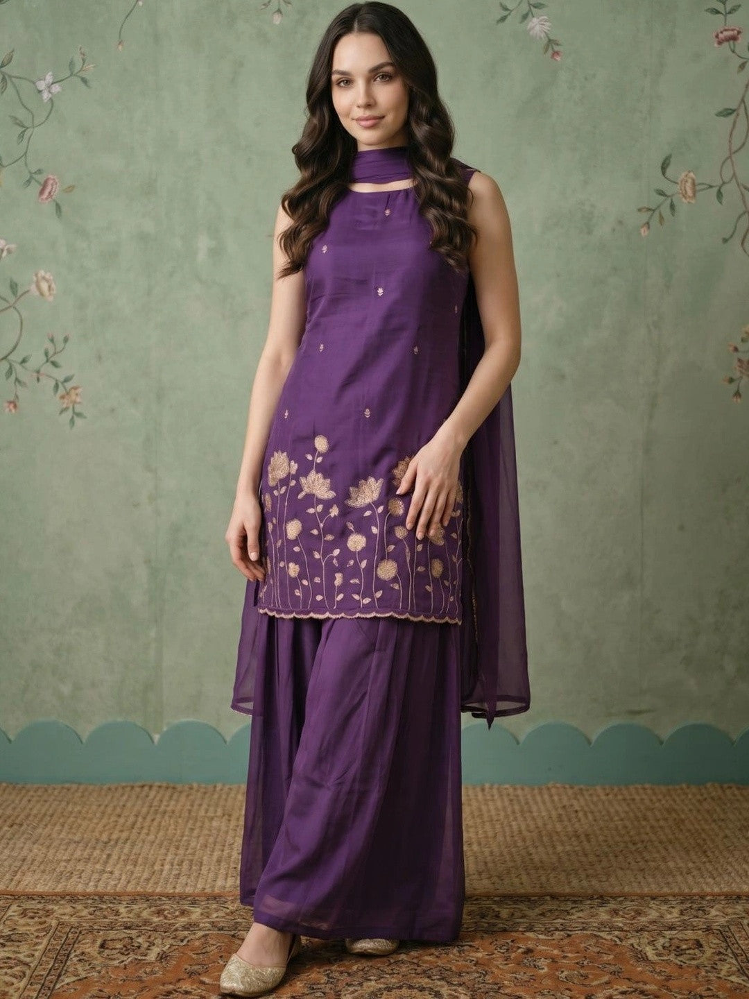 Dhiyona SN Women Floral Embroidered Regular Thread Work Kurta with Sharara & With Dupatta