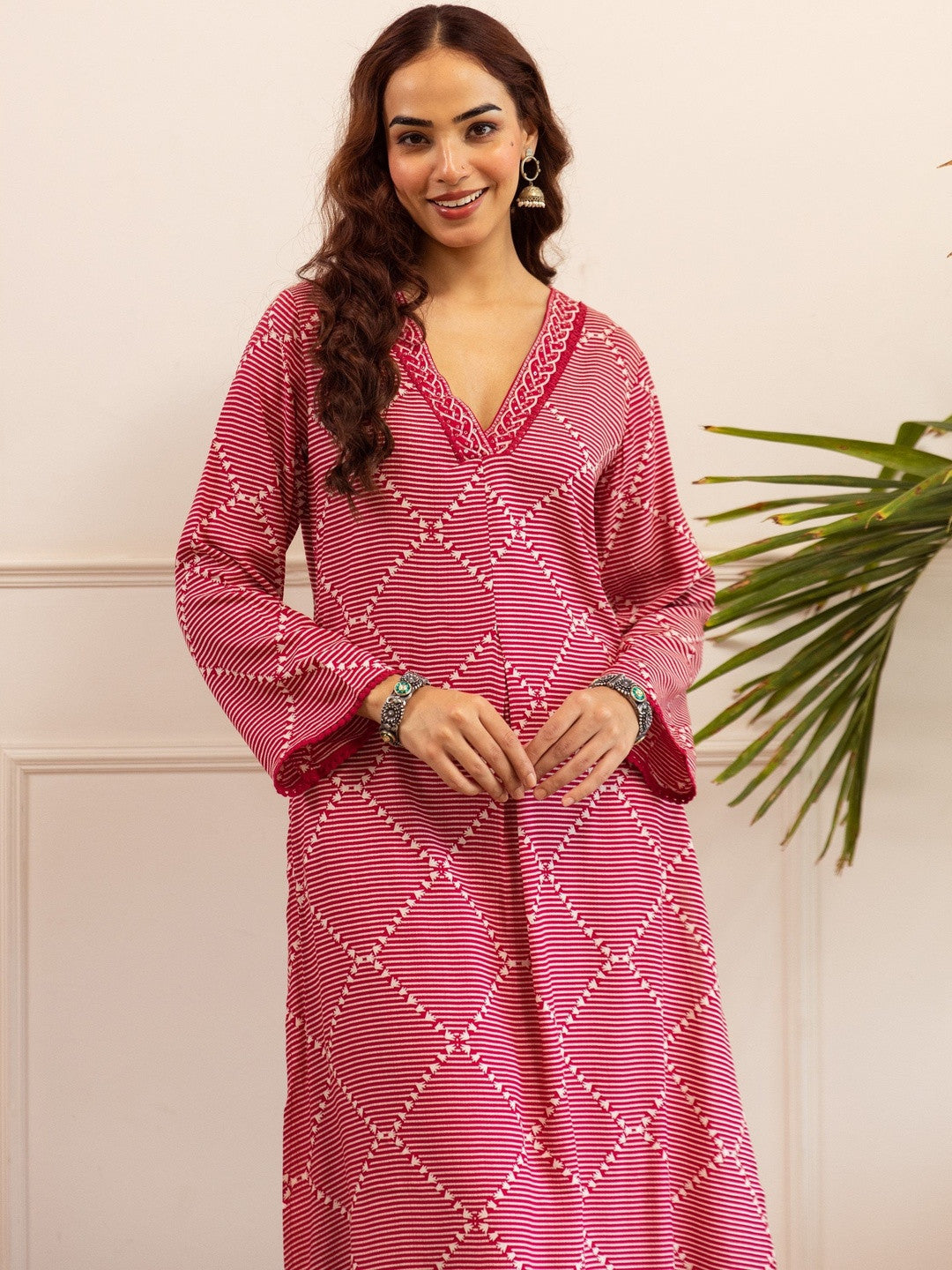Geometric Printed V-Neck Thread Work Kurta With Patiala
