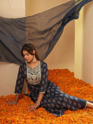 Women's Blue Embroidered Straight Kurta Palazzos With Dupatta Set