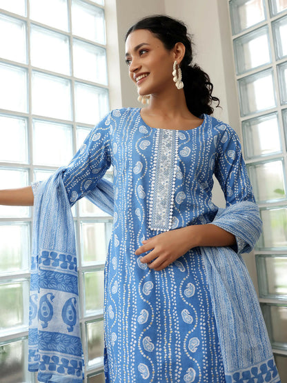 Women's LB Blue Printed Cotton Straight Suit With Dupatta