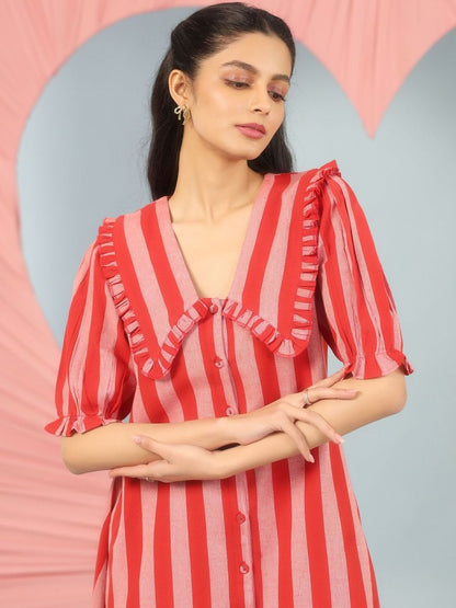 Dhiyona AY Women's Striped Puff Sleeve Ruffled A-Line Dress