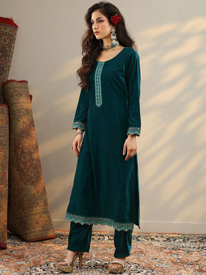 Ethnic Motifs Embroidered Thread Work Velvet Kurta & Trousers With Dupatta