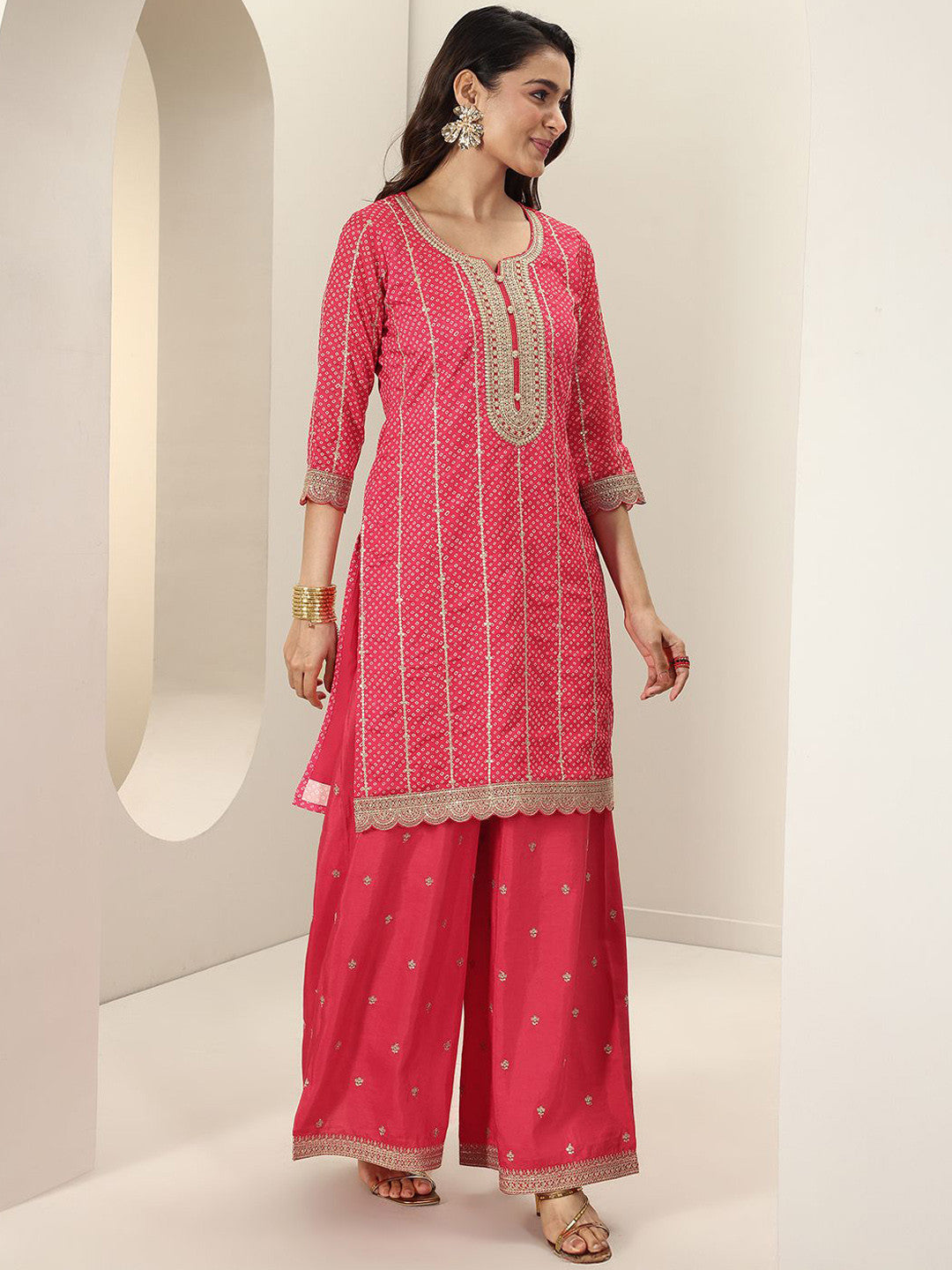 Bandhani Printed Regular Kurta With Palazzos & Dupatta