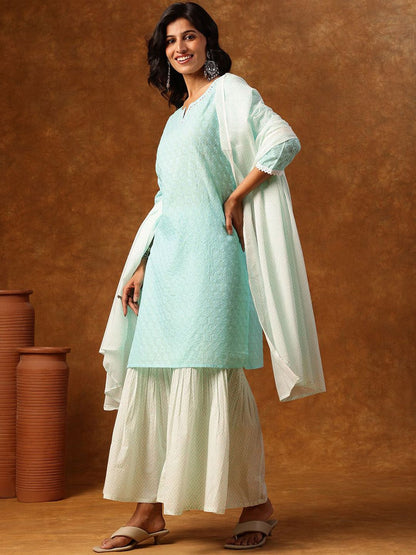Dhiyona AN Floral Embroidered Notch Neck Thread Work Straight Kurta & Sharara With Dupatta