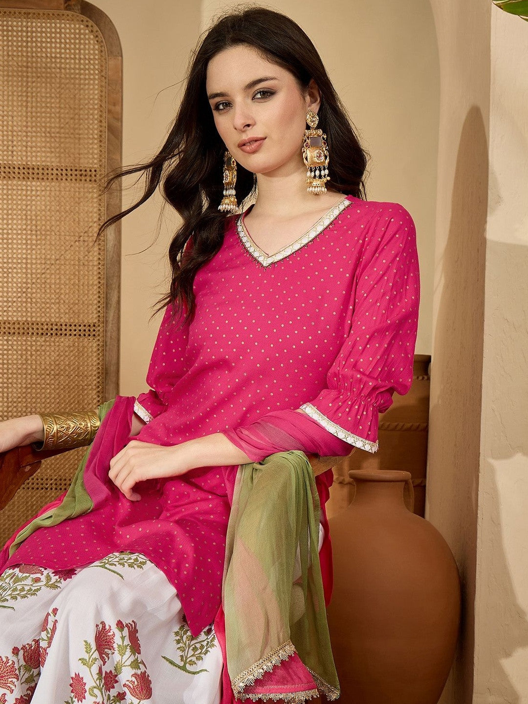 Polka Dots Printed Bell Sleeves Straight Kurta With Sharara & Dupatta