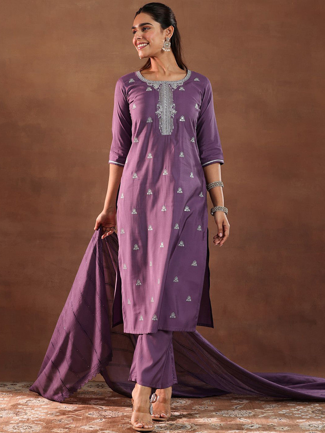 Floral Embroidered Straight Gotta Patti Kurta With Trousers & Dupatta
