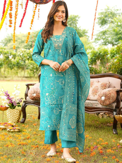 Dhiyona KL Floral Printed Thread Work V Neck Kurta with Trousers & Dupatta
