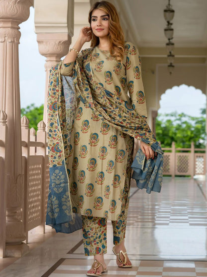 Dhiyona KL Floral Printed Round Neck Pure Cotton Straight Kurta With Trousers & Dupatta