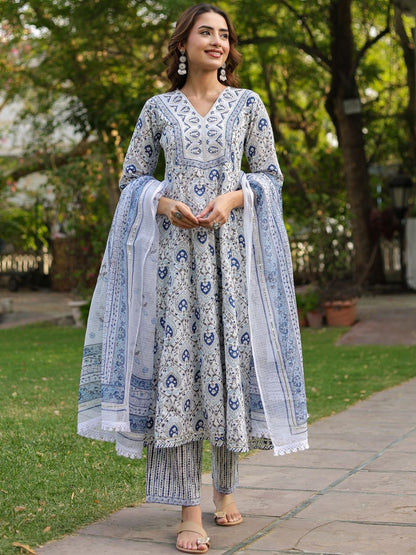 Dhiyona RR Women's Ethnic Motifs Printed Pure Cotton Kurta with Trousers & Dupatta