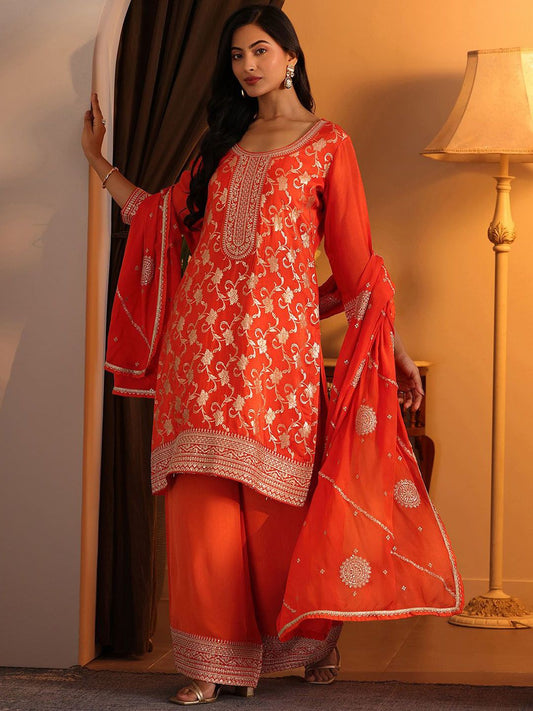 Dhiyona LL Floral Woven Design Round Neck Straight Kurta With Palazzo & Dupatta