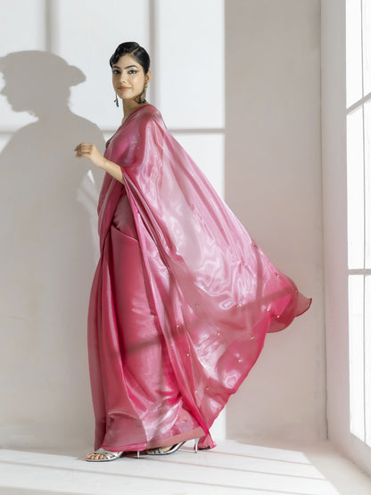 Dhiyona ST Pink Lotus Satin Organza Saree with Diamond Beads on Pallu