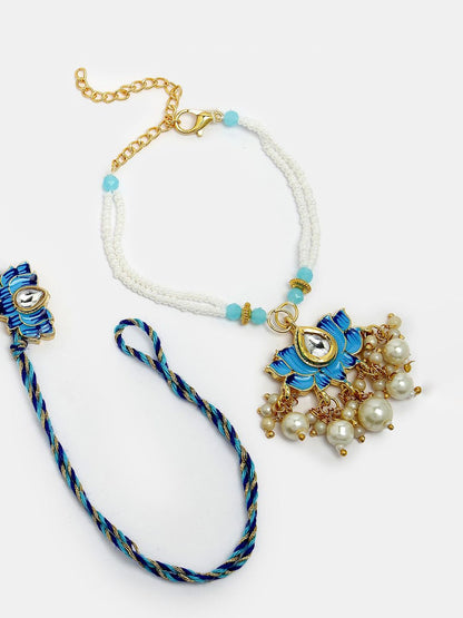 Dhiyona Unisex Set Of 2 Blue Lotus Shape Kundan-Studded & Beaded Wraparound Rakhi Set