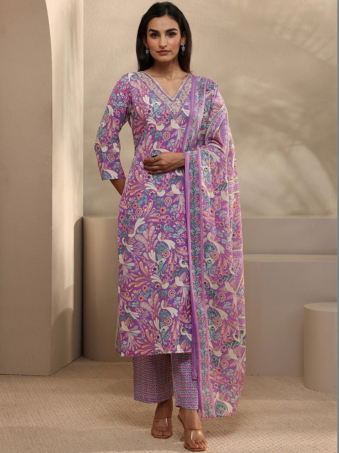 Women Ethnic Motifs Printed Regular Thread Work Kurta with Trousers & With Dupatta