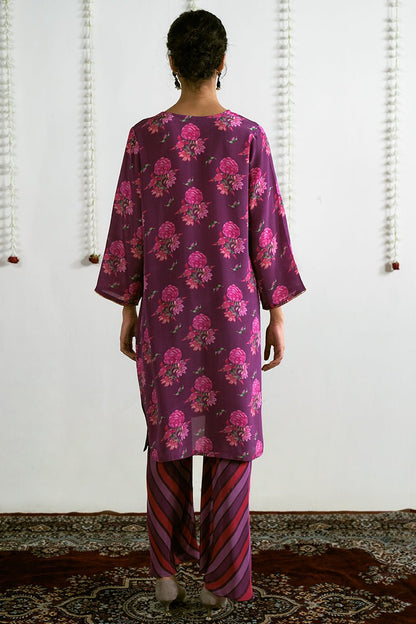 Magenta Viscose Crepe Printed Top With Organza Dupatta