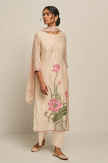 Women's Parchment Beige Cotton Linen Woven Kurta With Lotus Printed Chiffon Dupatta