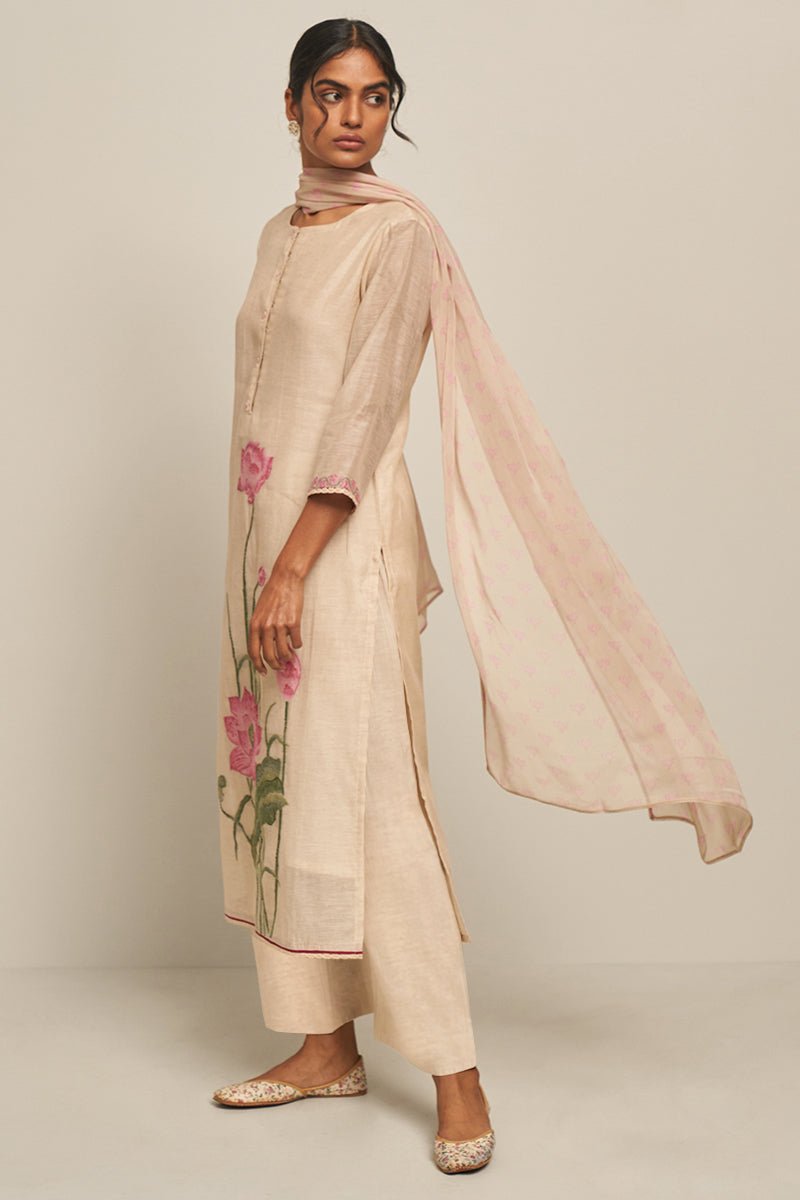 Women's Parchment Beige Cotton Linen Woven Kurta With Lotus Printed Chiffon Dupatta