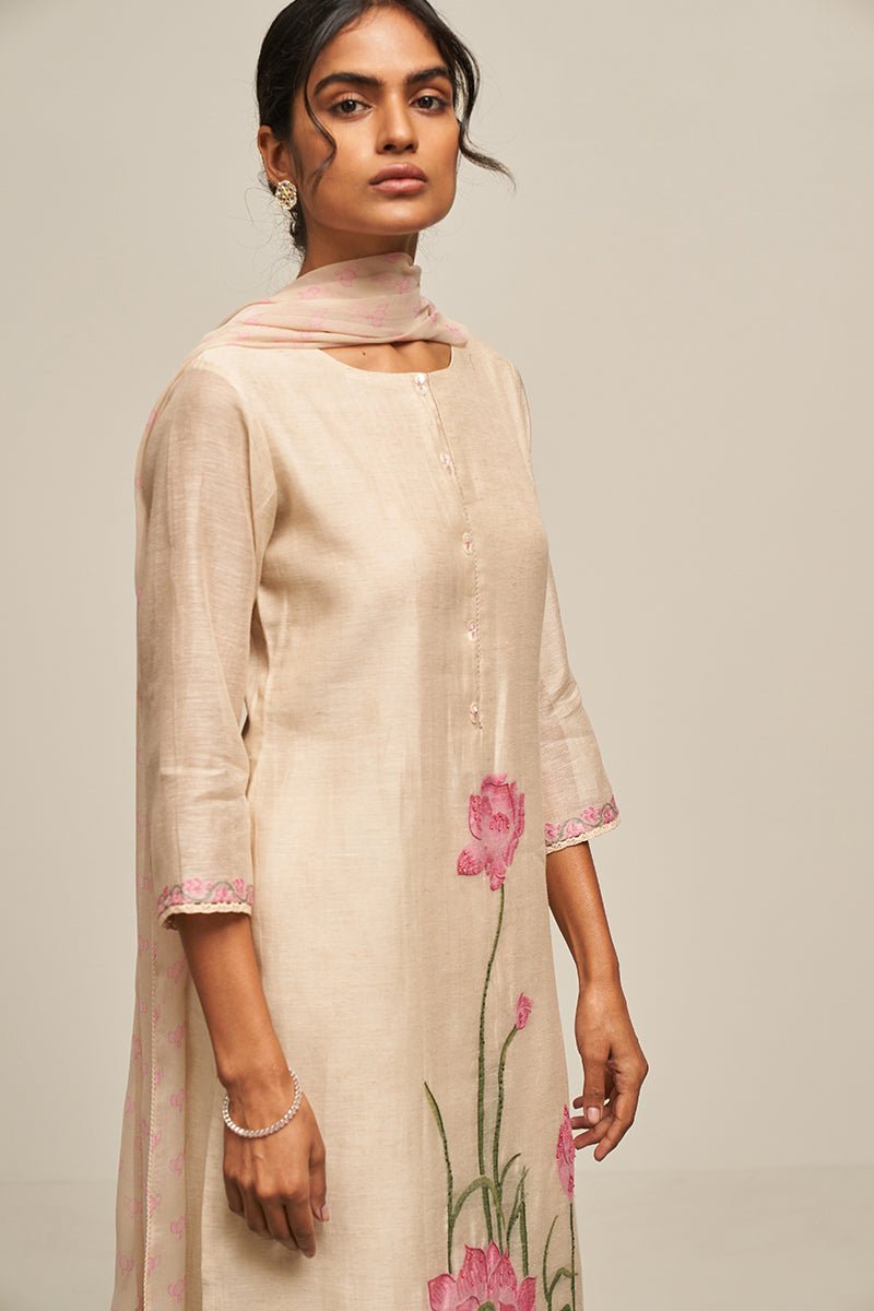 Parchment Beige Cotton Linen Woven Kurta With Lotus Printed Chiffon Dupatta