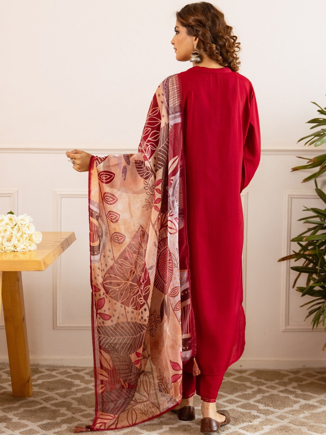 Embellished Straight Kurta With Trousers & Dupatta