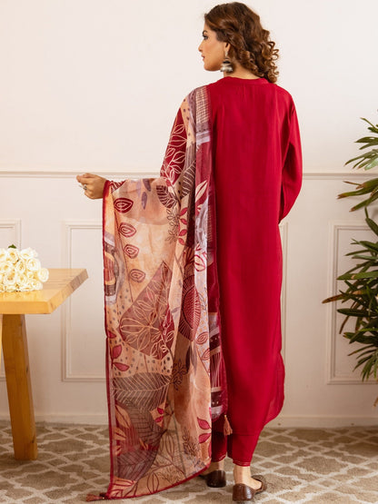 Embellished Straight Kurta With Trousers & Dupatta