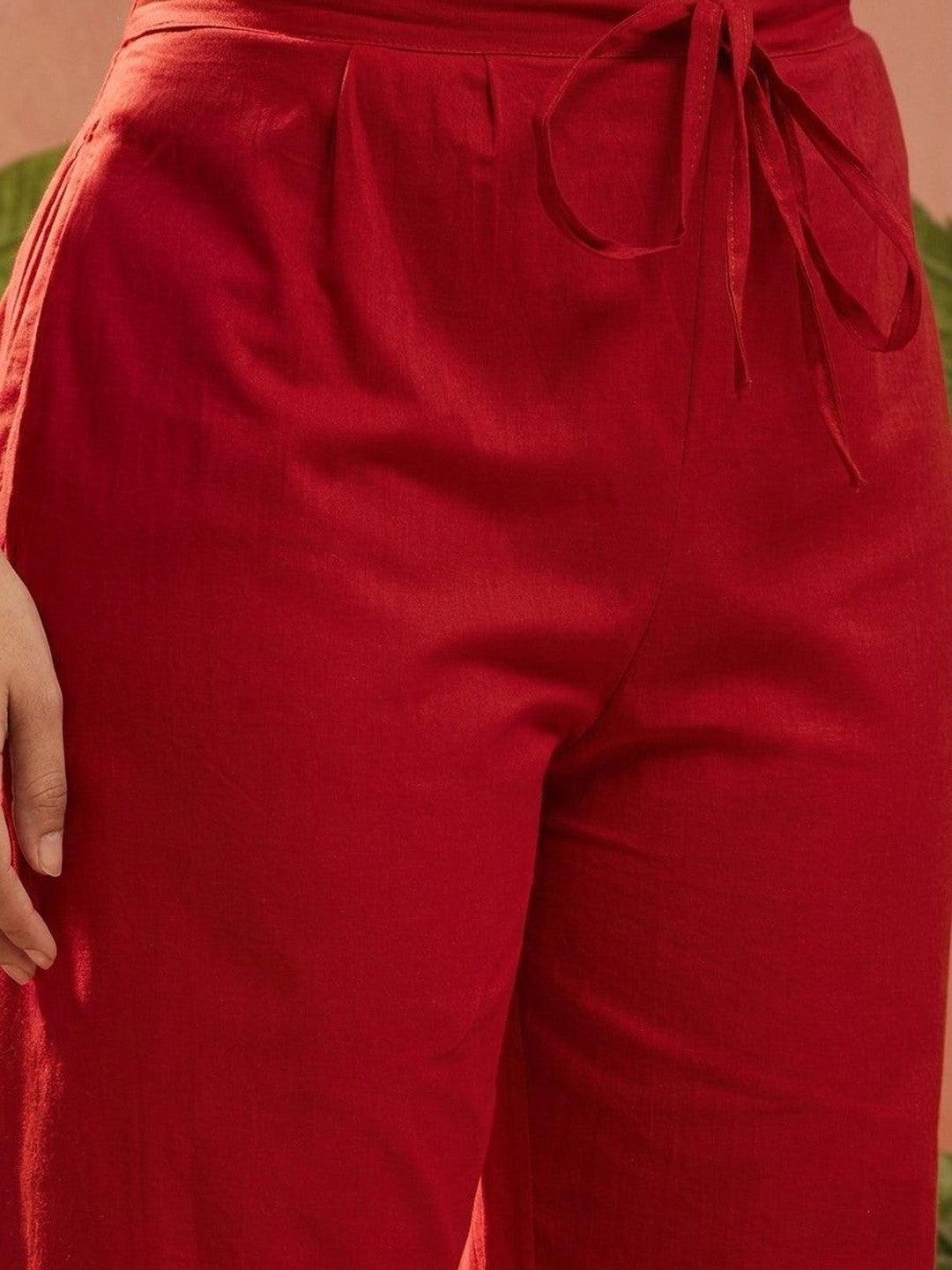 Women's Red Solid Embroidered Cotton A-line Kurta Pant Dupatta Set