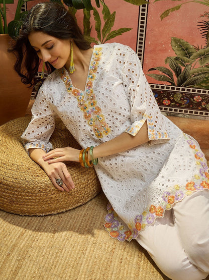 Embroidered Pure Cotton V-Neck Kurti & Trousers
