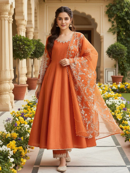 Dhiyona KL Embroidered Empire Thread Work Anarkali Kurta with Palazzos & Dupatta