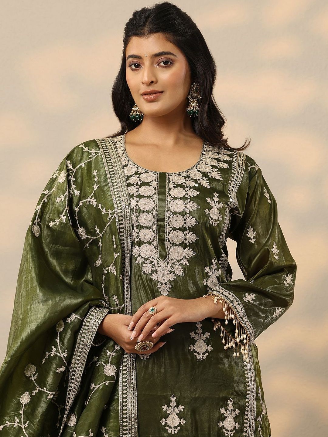 Dhiyona LL Women Ethnic Motifs Embroidered Regular Thread Work Kurta with Sharara & Dupatta