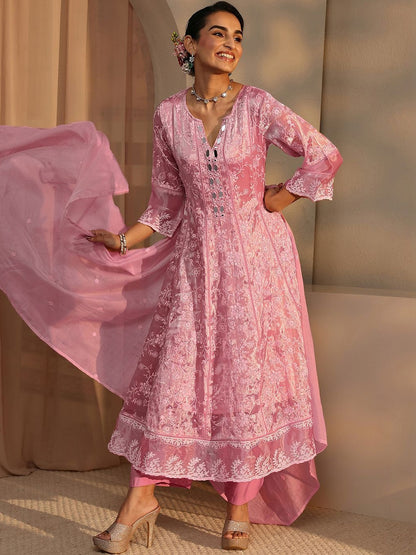 Women Floral Printed Panelled Mirror Work Kurta with Trousers & With Dupatta