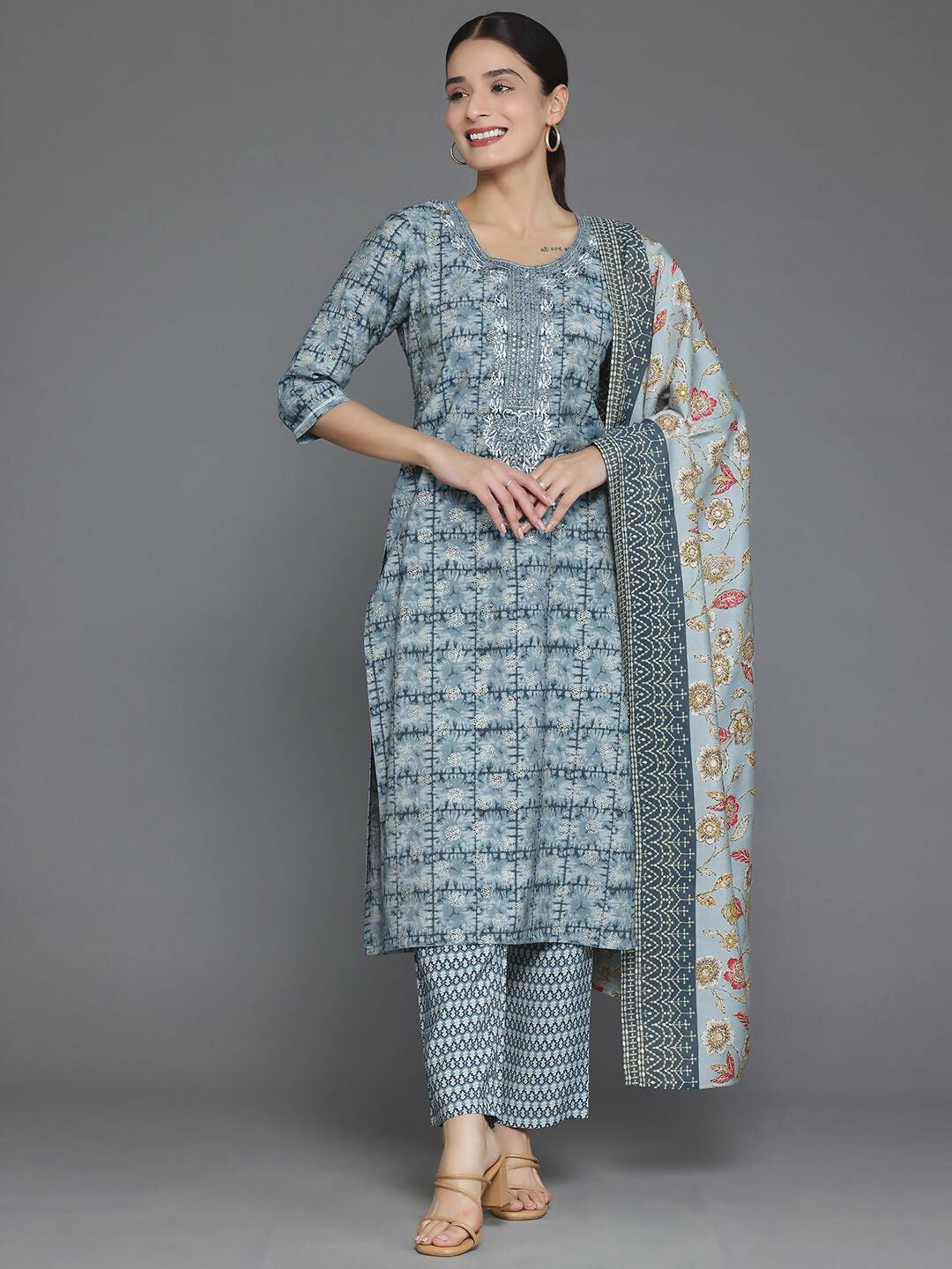 Women's LB Grey Printed Silk Blend Straight Suit With Dupatta