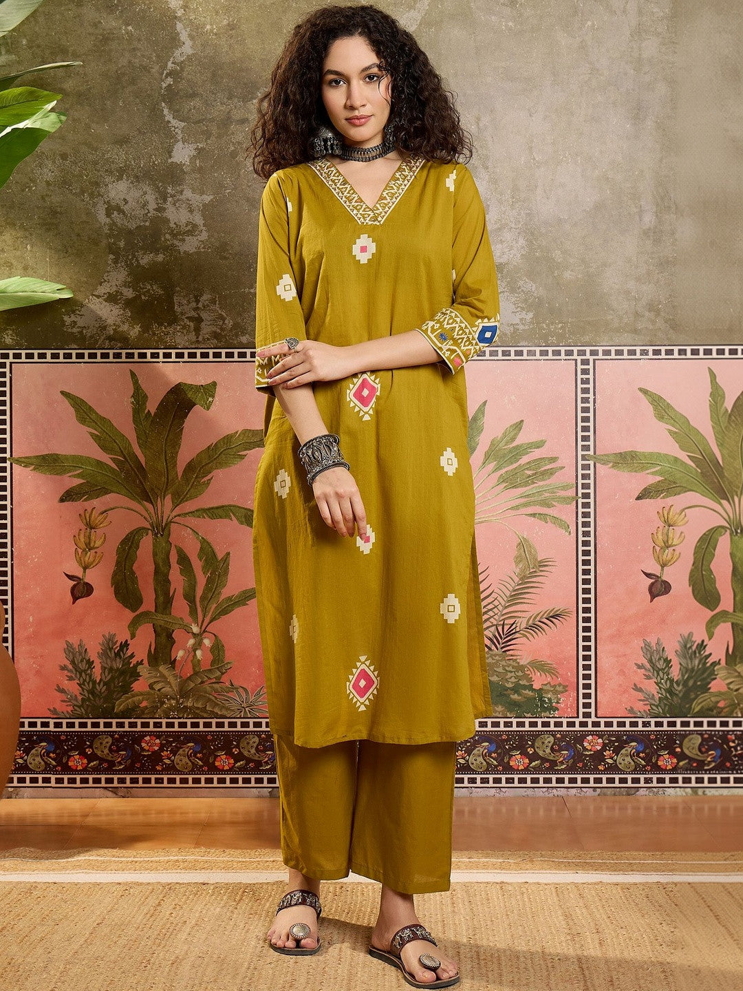 Printed Cotton V-Neck Kurta & Trousers With Dupatta