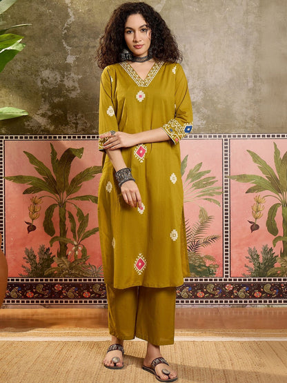 Printed Cotton V-Neck Kurta & Trousers With Dupatta