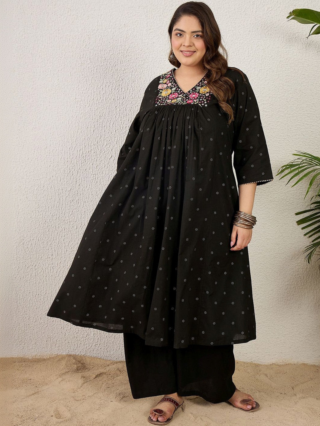 Plus Size Black Embroidered A-Line Kurta Palazzos Set