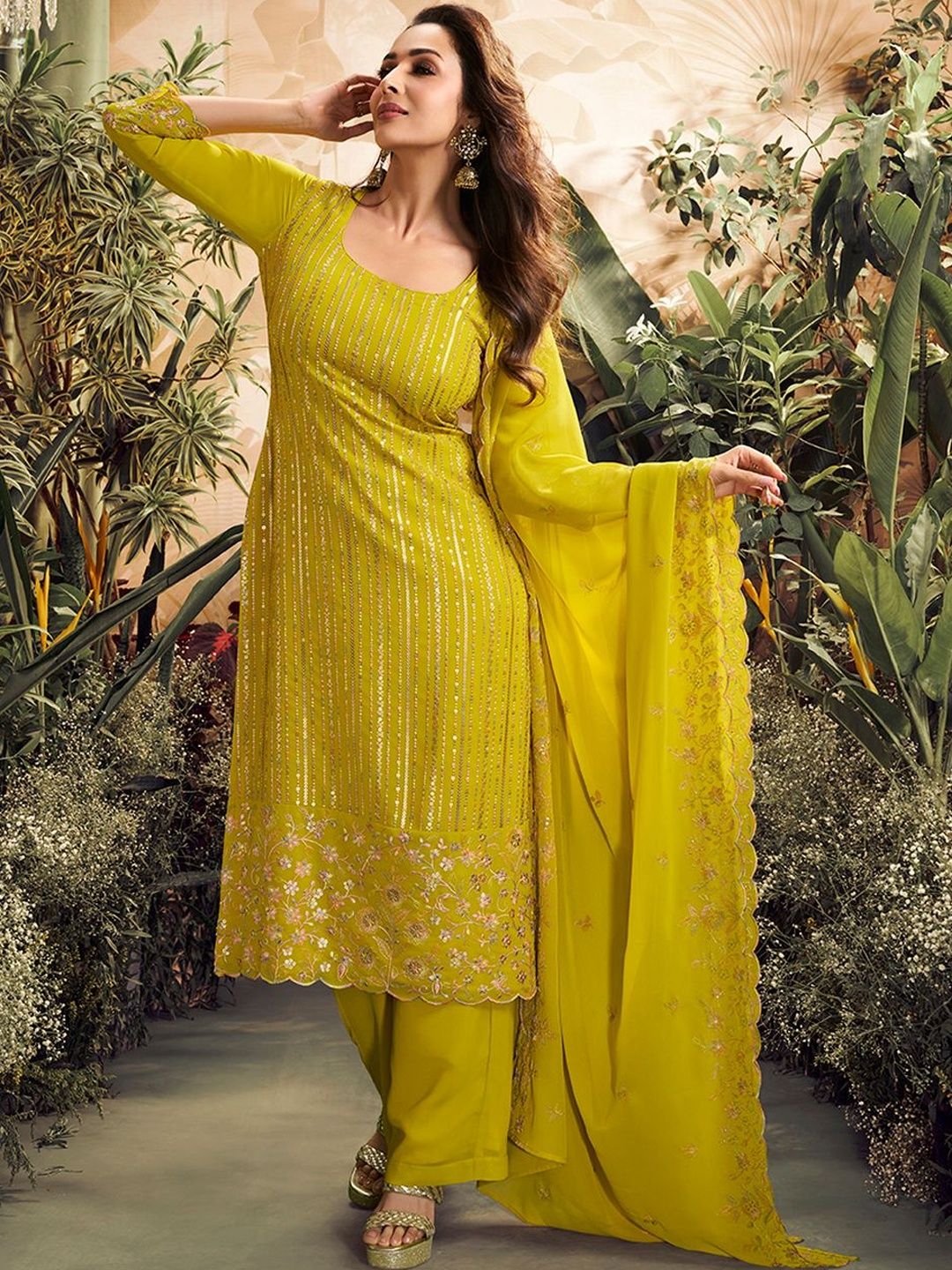 Dhiyona IN Women Ethnic Motifs Embroidered Regular Sequinned Kurta with Palazzos & With Dupatta