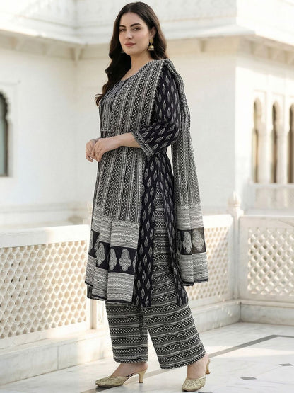 Dhiyona Women's Ethnic Motifs Printed Mirror Work Pure Cotton Kurta with Palazzos & With Dupatta